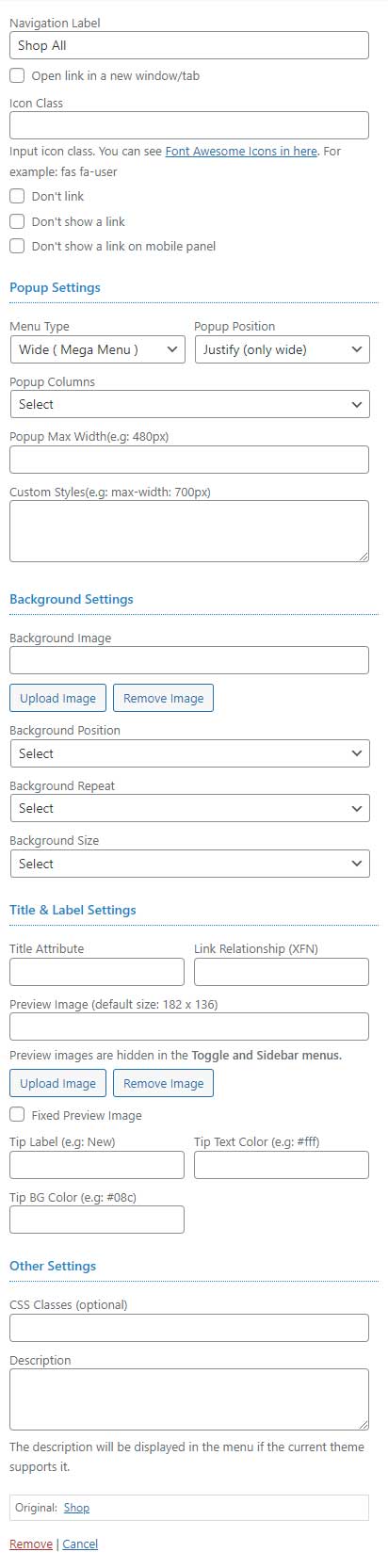 Mega menu options