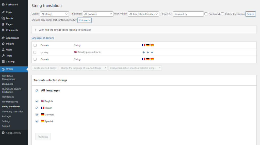 Choose the translating language in WPML plugin