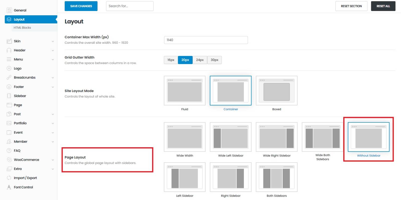 Set container in the theme option