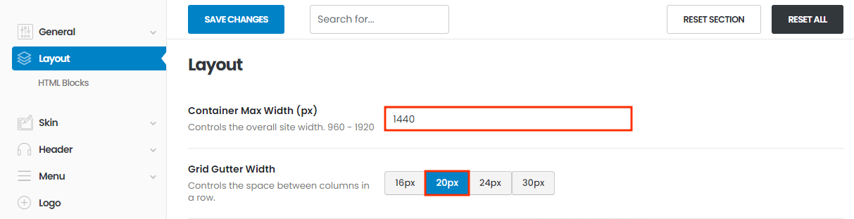 Site container width and gap