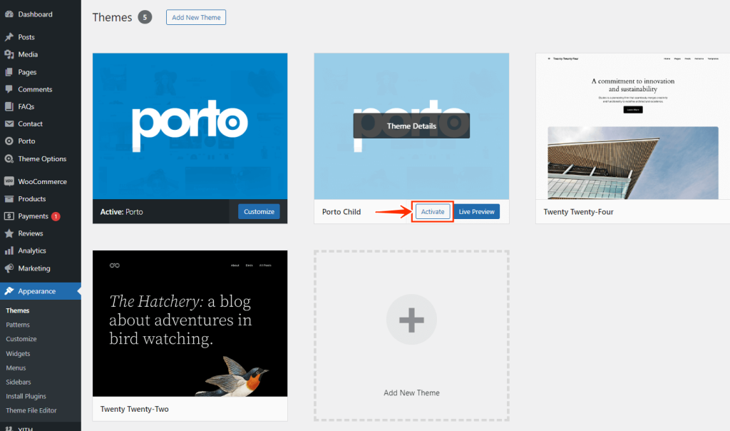 WordPress Setup Child Theme in Setup Wizard- Porto Documentation