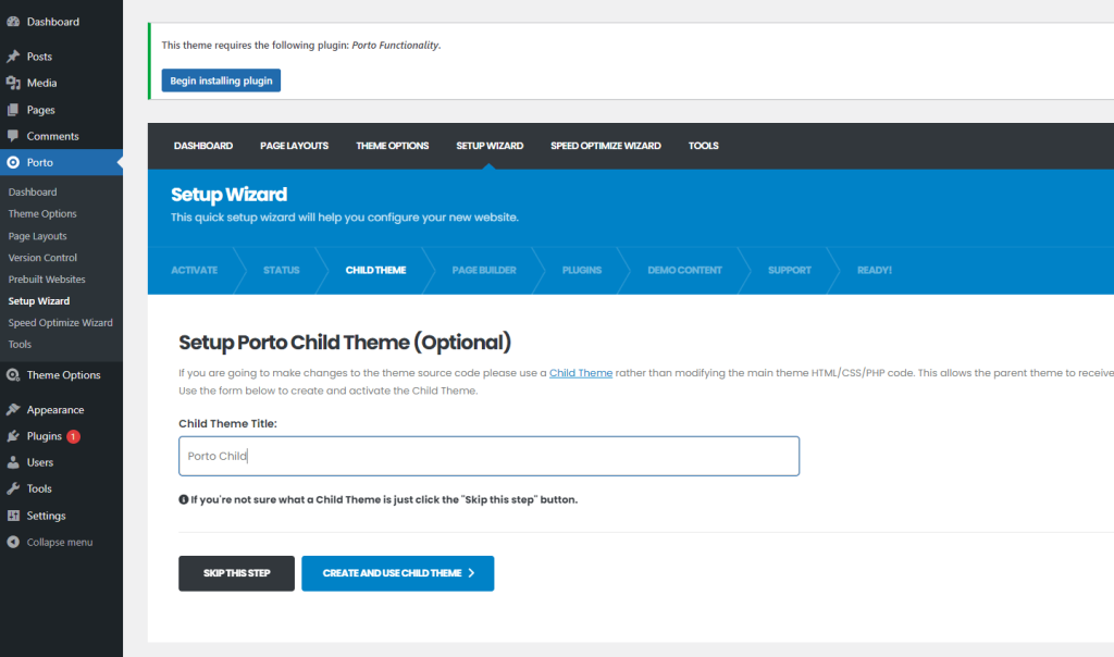 WordPress Setup Child Theme in Setup Wizard- Porto Documentation