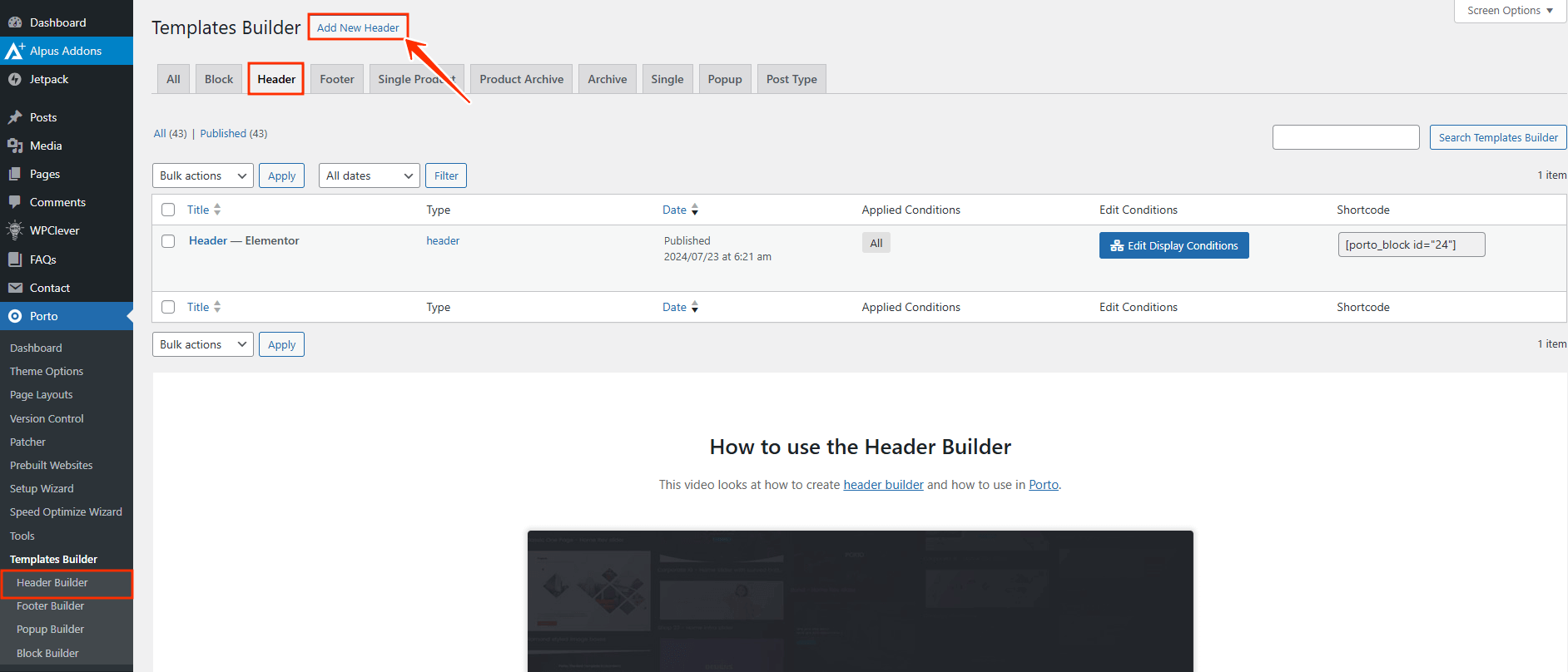 Importing Prebuilt Header Block from Porto Studio - Porto Documentation