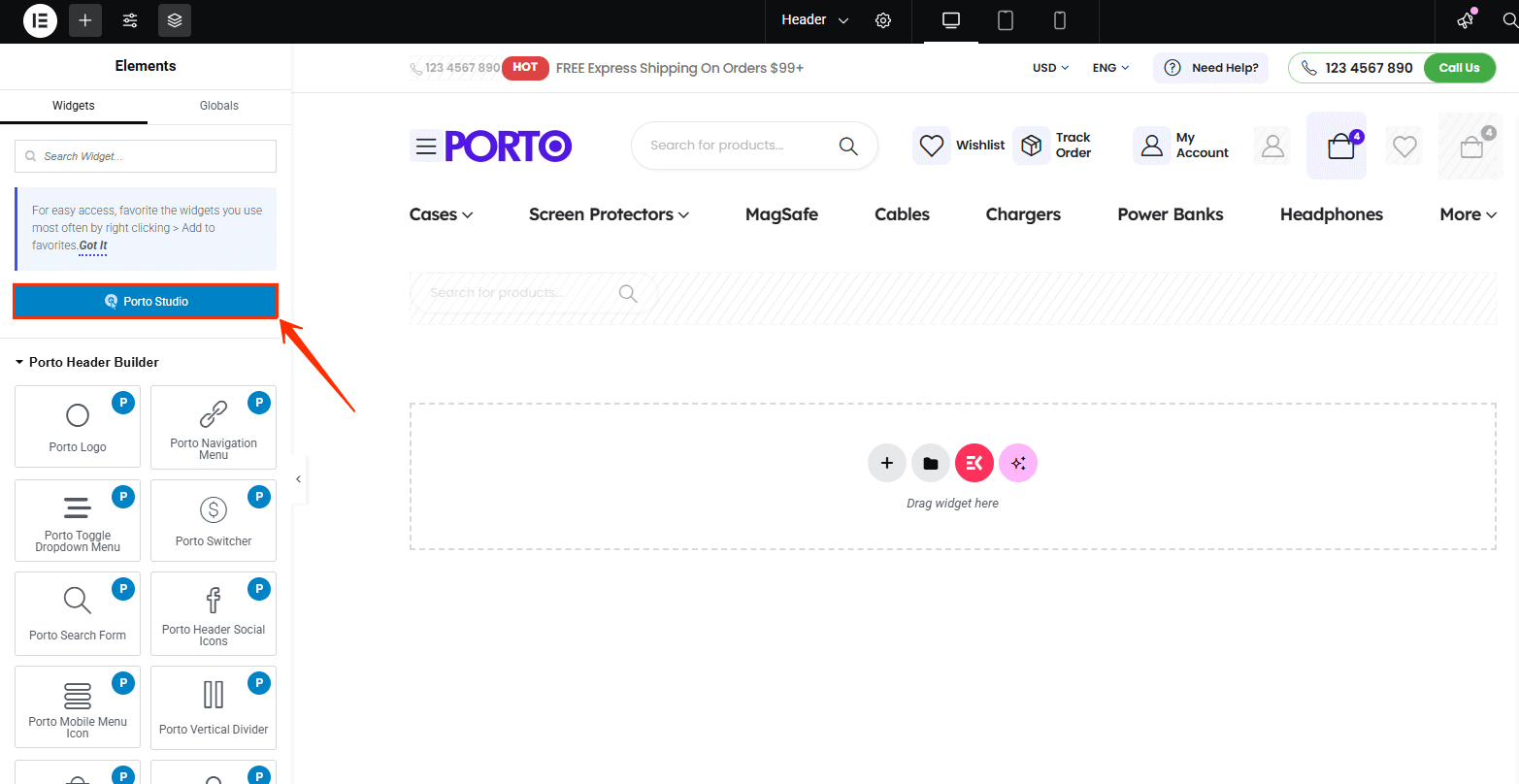 Importing Prebuilt Header Block from Porto Studio - Porto Documentation