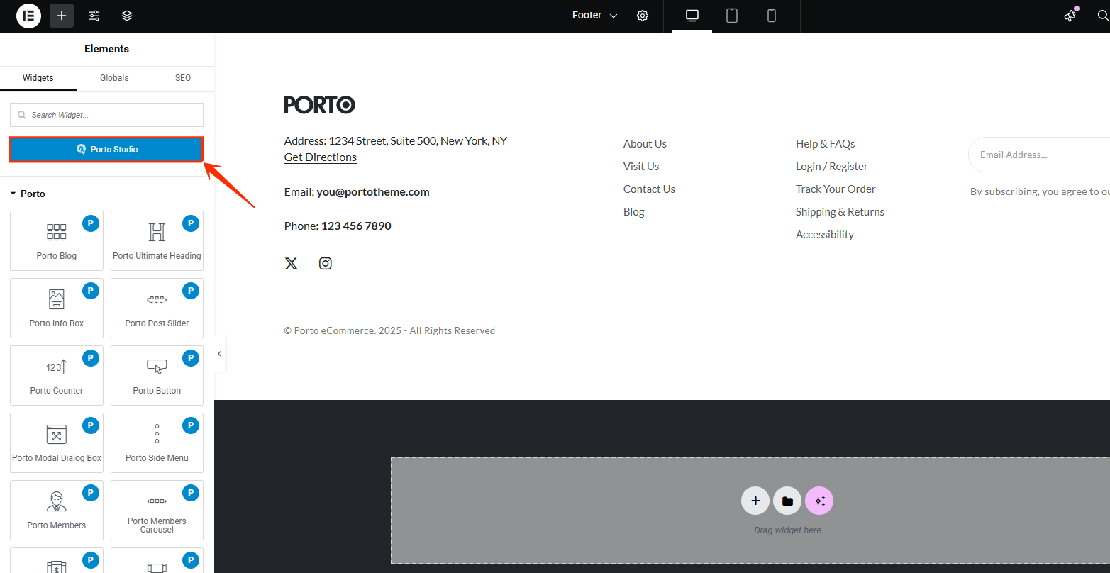 Importing Prebuilt Footer Block from Porto Studio - Porto Documentation