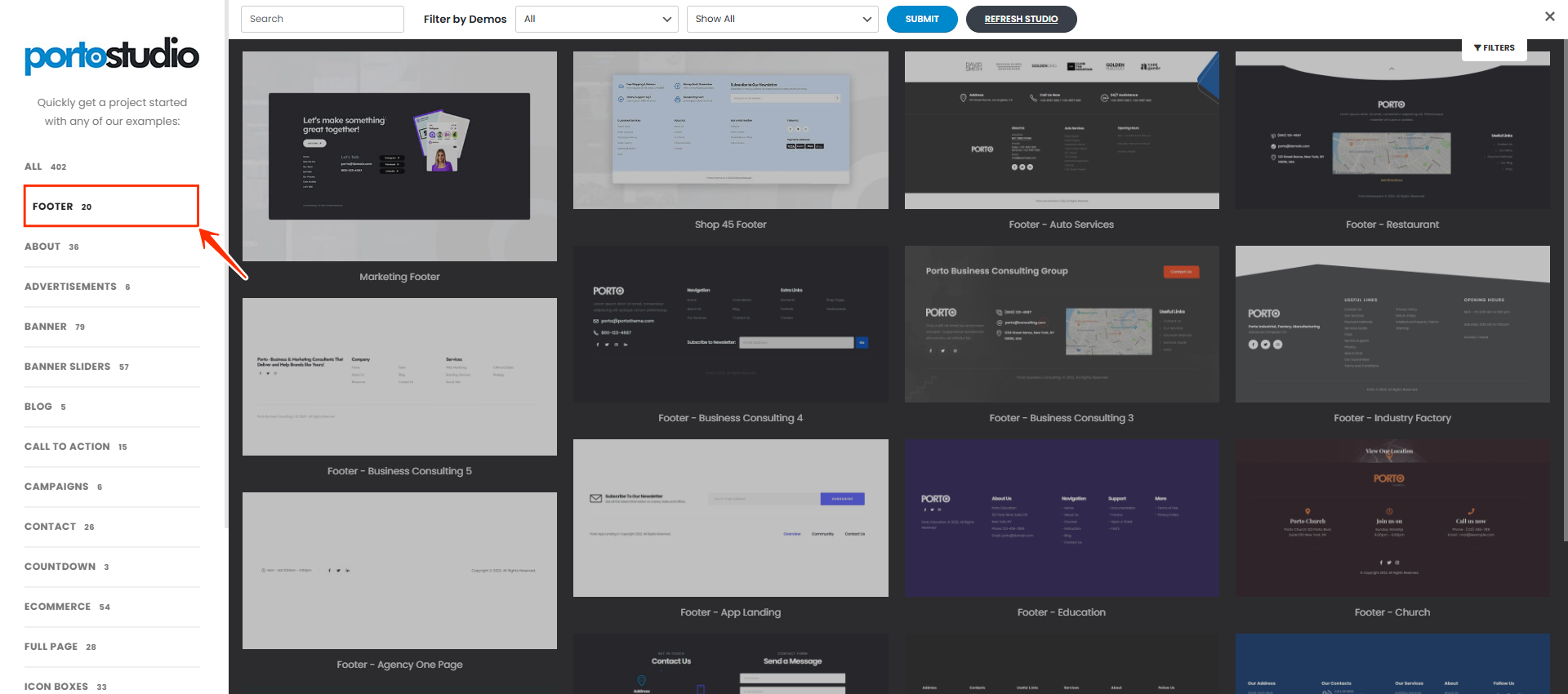 Importing Prebuilt Footer Block from Porto Studio - Porto Documentation