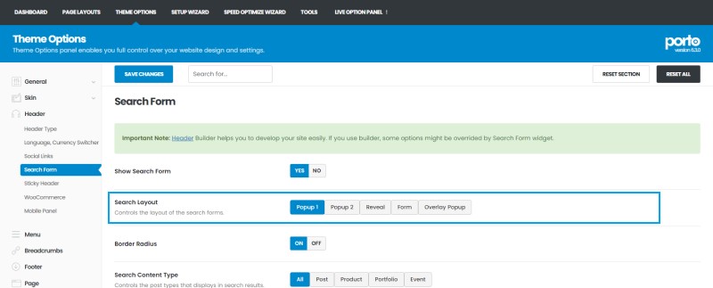 The Layout of Search Theme Option