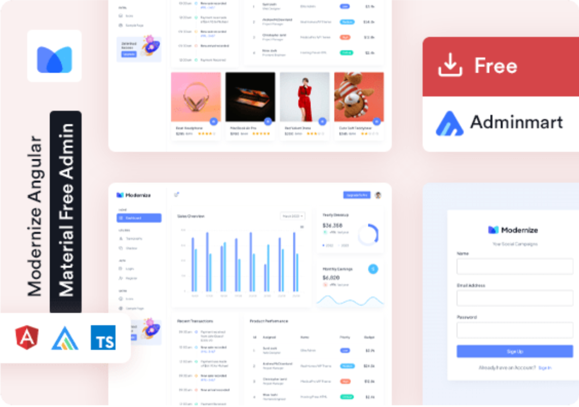 Modernize Free Angular 16 Material Template Dashboard Free
