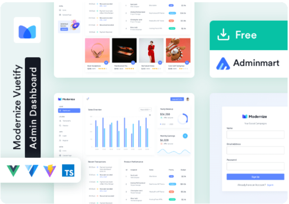 Modernize Free Vuetify + Vue js Admin Template Dashboard Free