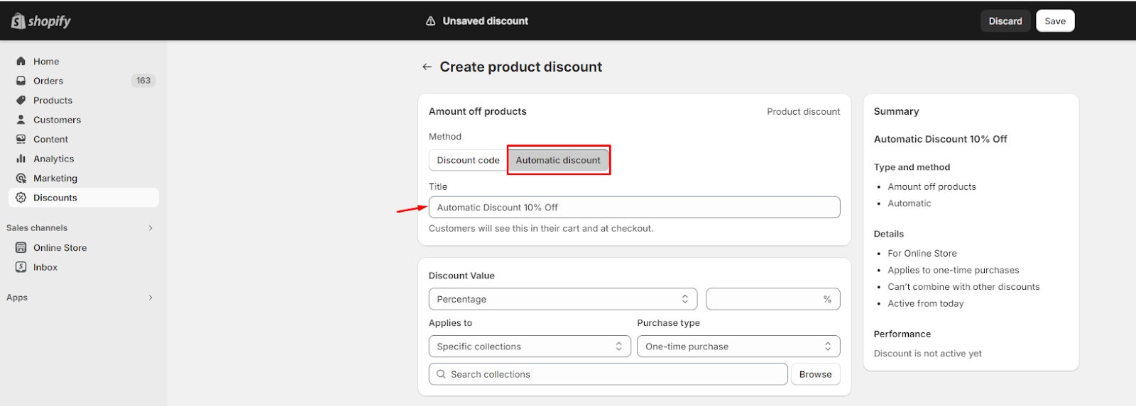 Choose a method of discounts and title.