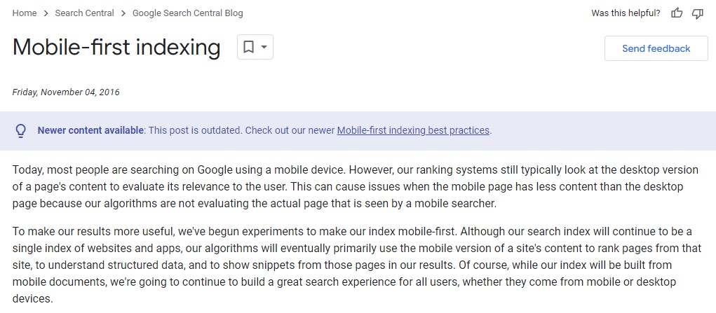 Google's announcement of mobile-first indexing