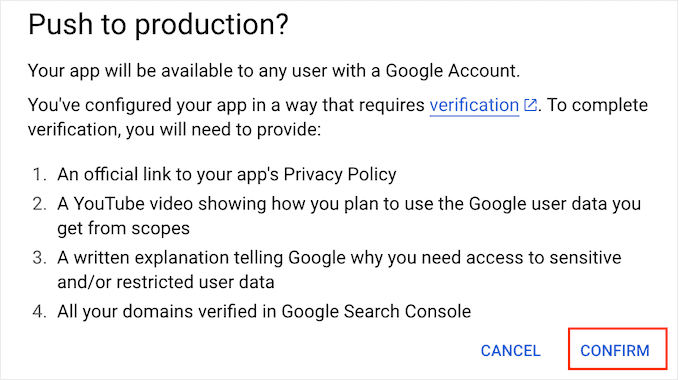 Confirm push to production