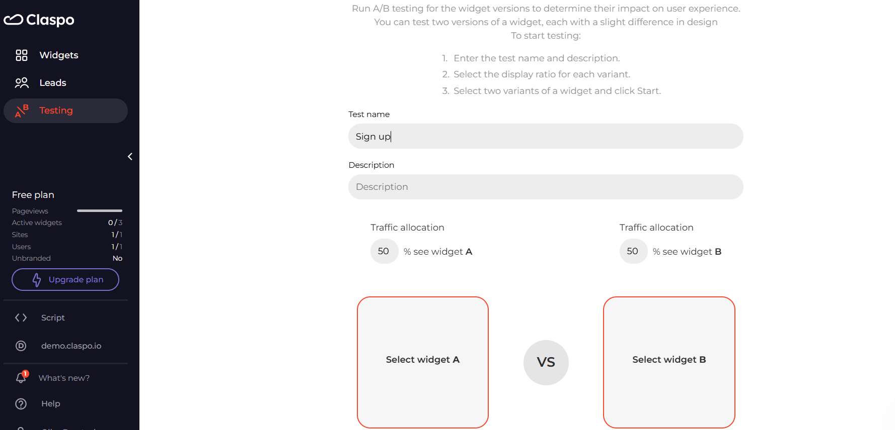 Claspo’s A/B testing feature