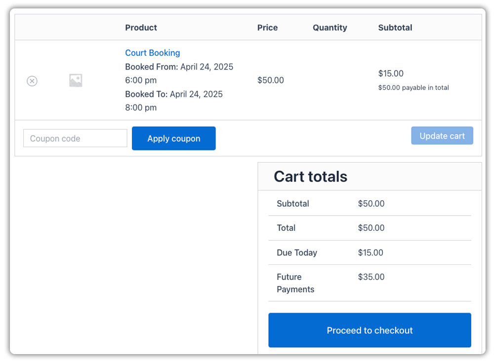 Checkout page with deposit payment option