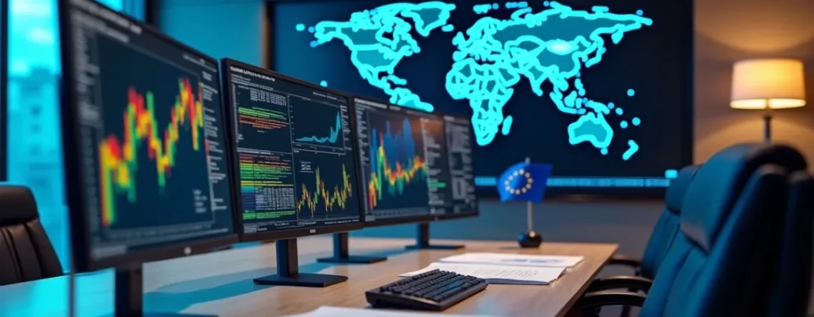 Visualization of online gambling licensing and regulatory coverage in different European countries displayed on computers.