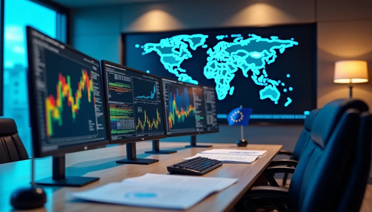 Visualization of online gambling licensing and regulatory coverage in different European countries displayed on computers.