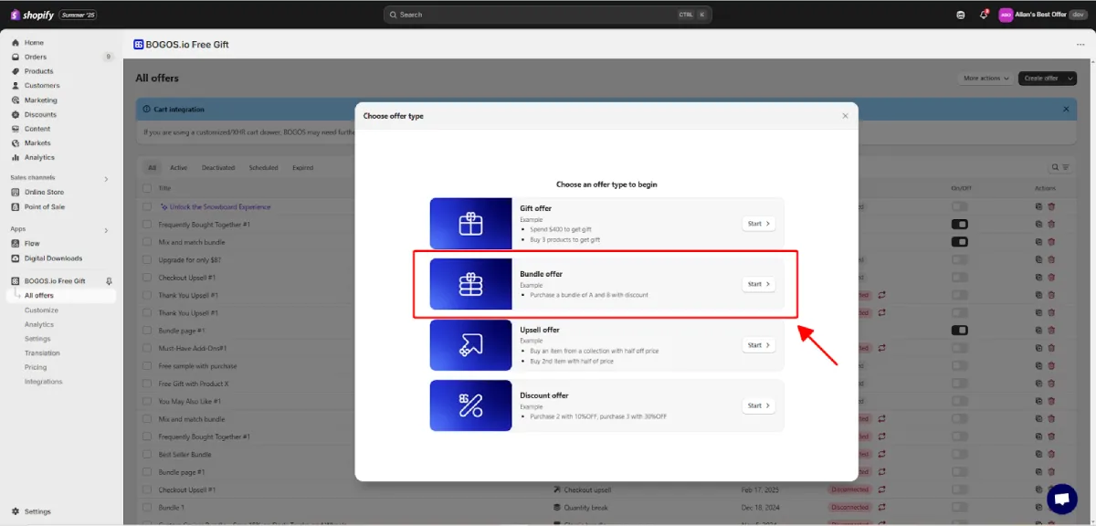 2: From your Shopify admin, open the BOGOS dashboard → Create Offer → Bundle Offer.