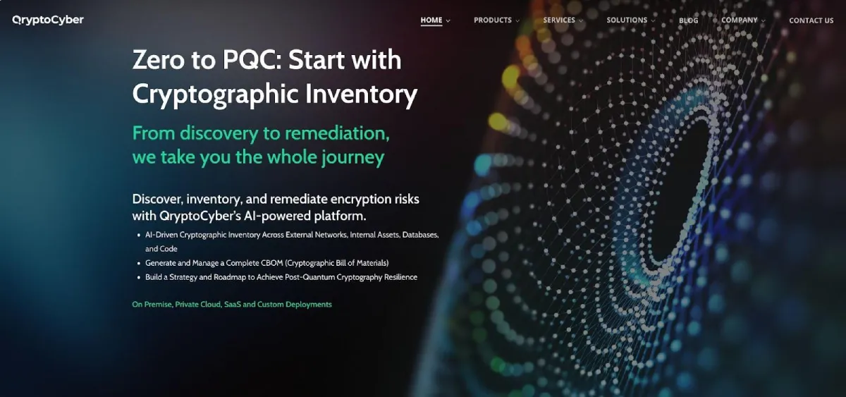 QryptoCyber cryptographic inventory platform homepage screenshot.