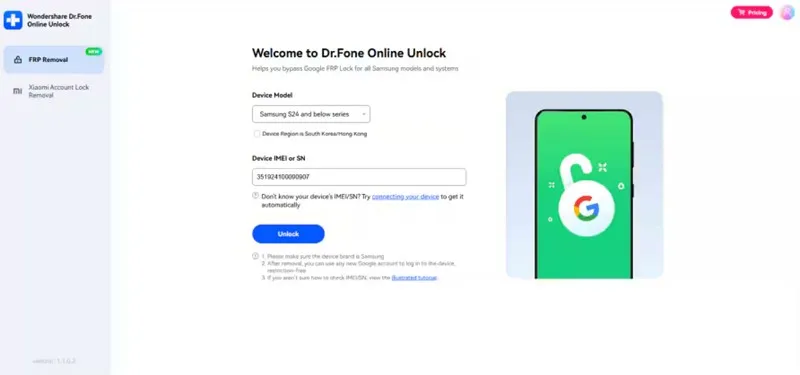 Access the Dr.Fone Online Unlock and Add Details
