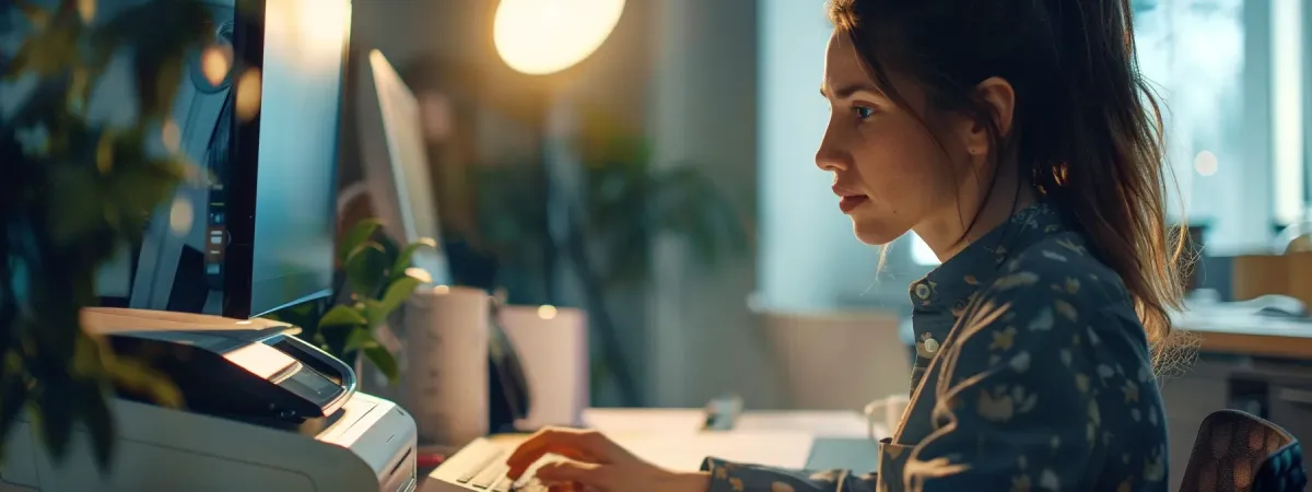 A man at a desk with multiple computer screens, using faxing software to manage documents and communications.