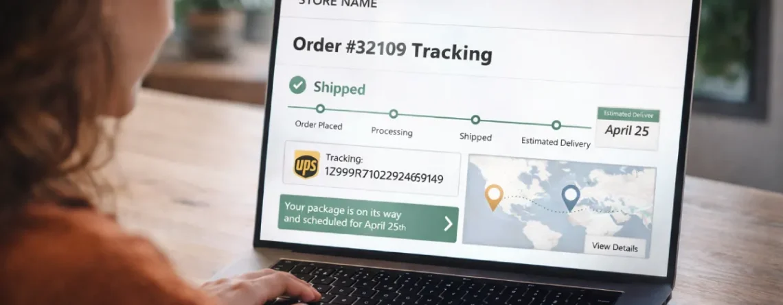 Customer checking an ecommerce order tracking page after checkout showing shipping status and delivery timeline