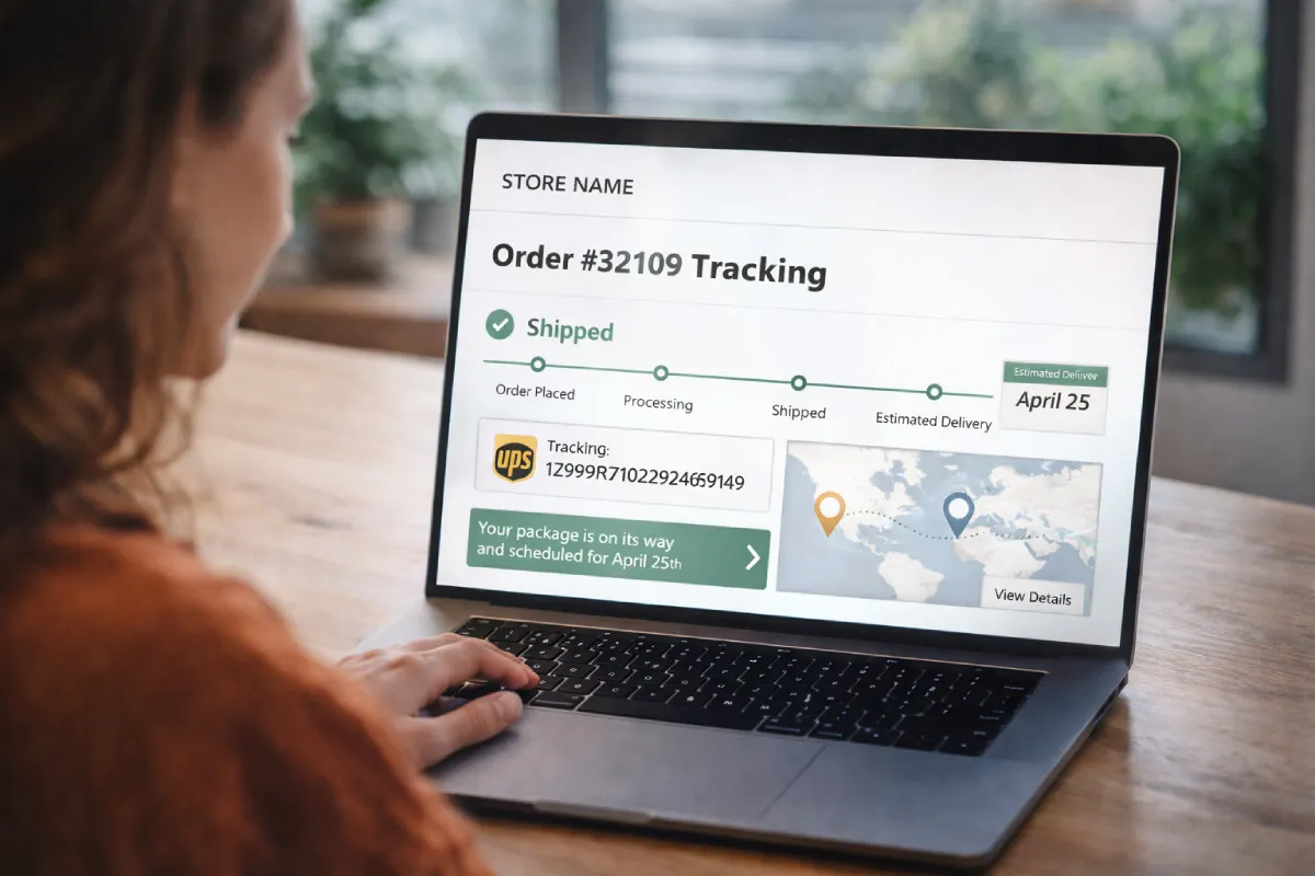 Customer checking an ecommerce order tracking page after checkout showing shipping status and delivery timeline