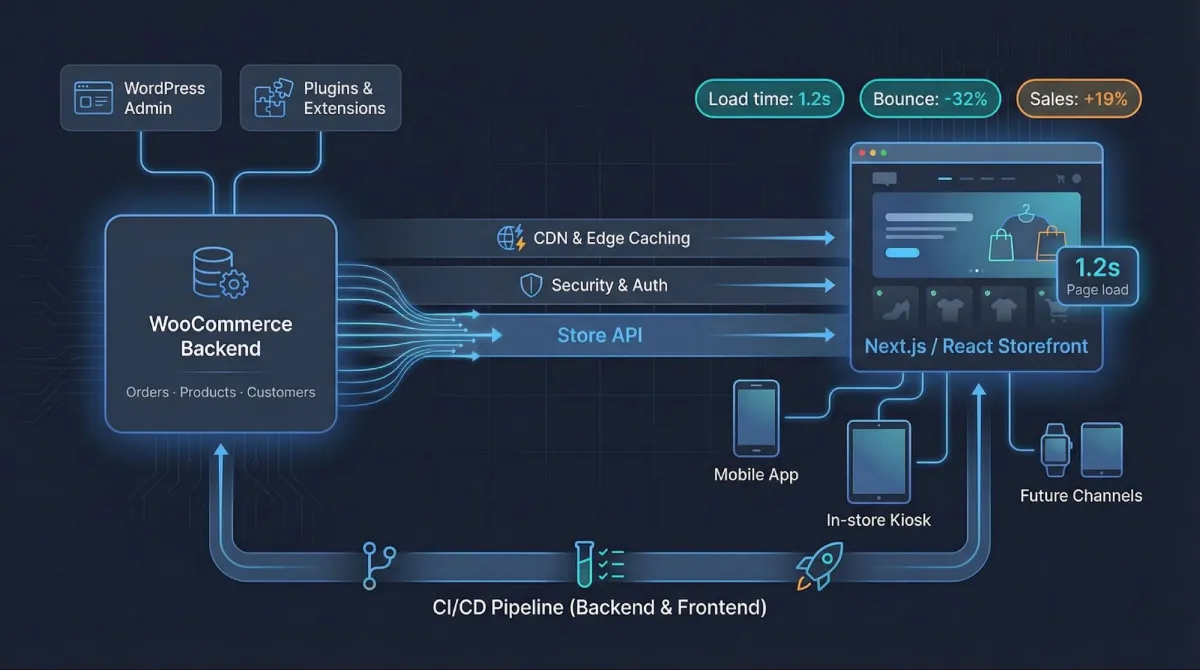 Headless WooCommerce keeps the backend in WordPress while modern JavaScript front ends deliver sub-second storefront experiences
