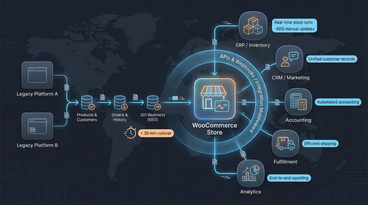 Integration and migration specialists connect WooCommerce to ERP, CRM, accounting, and more while moving data cleanly from legacy platforms