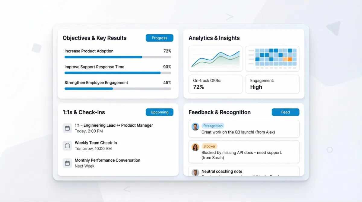 Integrated performance and OKR suites bring goals, coaching, feedback, and analytics into a single workspace