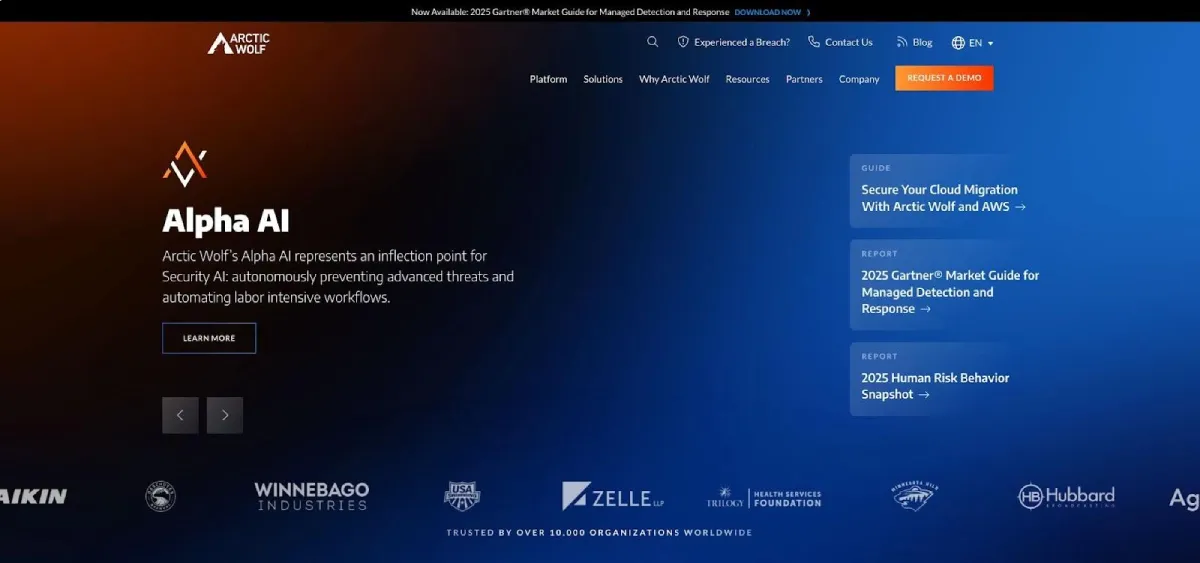 Arctic Wolf managed detection and response SOC website screenshot