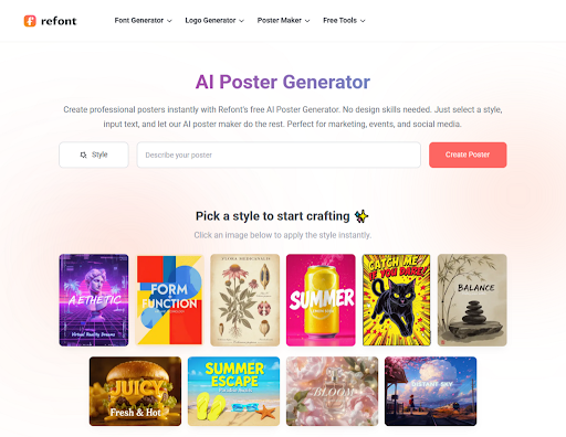 Interface of Refont AI poster generator showing text prompt input and diverse design style