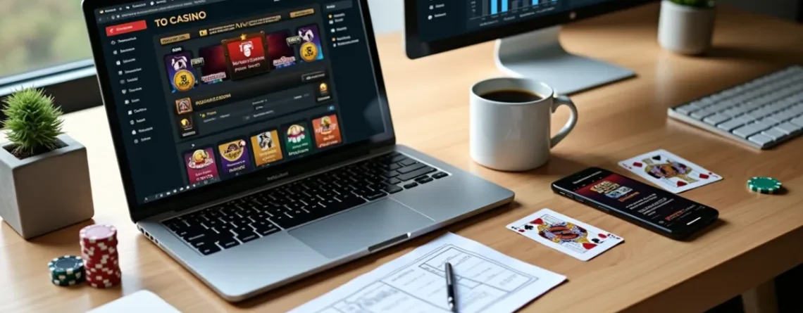 Workspace with a laptop showing a casino review site, poker chips, playing cards, and a smartphone on a wooden desk.