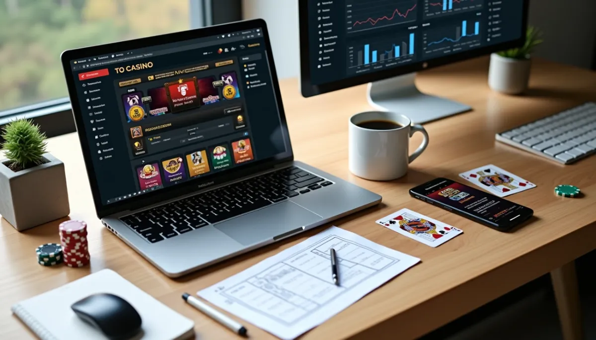 Workspace with a laptop showing a casino review site, poker chips, playing cards, and a smartphone on a wooden desk.
