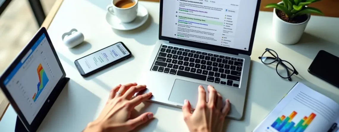 Person working on a laptop displaying best of rankings, surrounded by tablet, smartphone, coffee, and charts on a white desk.