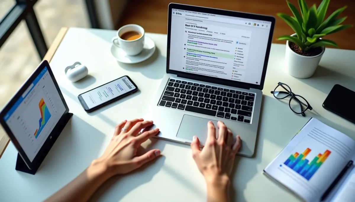 Person working on a laptop displaying best of rankings, surrounded by tablet, smartphone, coffee, and charts on a white desk.