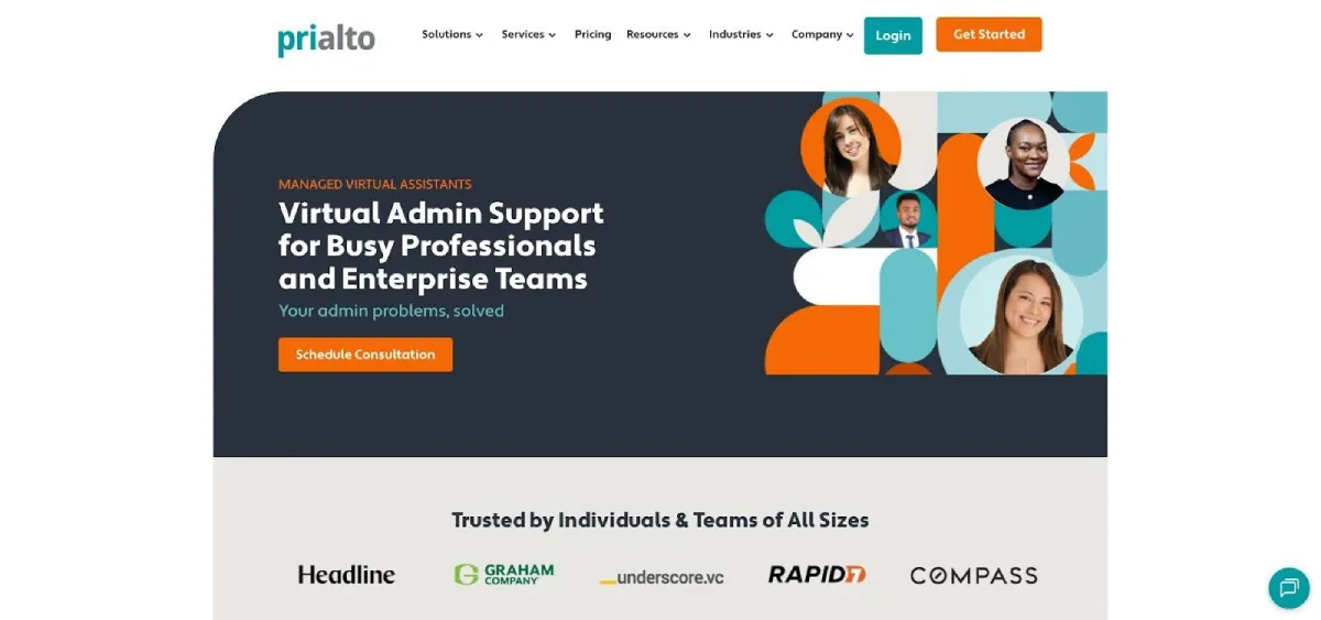 Prialto managed team-based executive assistant service website screenshot