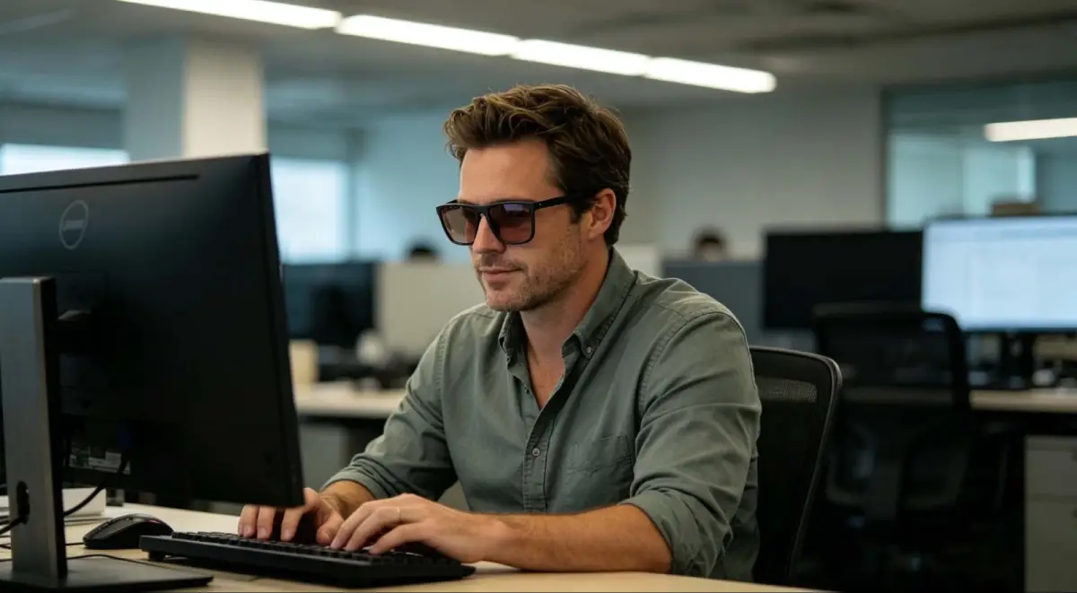A man working comfortably in an office under fluorescent lighting, wearing a pair of Rose Relief™ - Migraine Glasses.