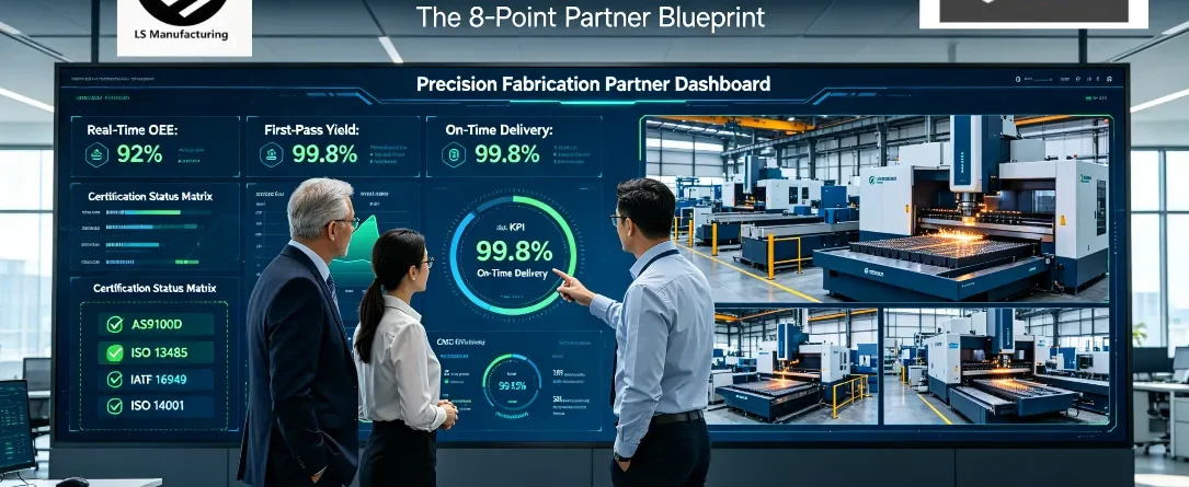 Procurement and manufacturing leaders in a smart factory command center analyze a real-time dashboard showing 99.8% on-time delivery, yield, and full certification compliance, with live footage of precision laser cutting and bending operations.