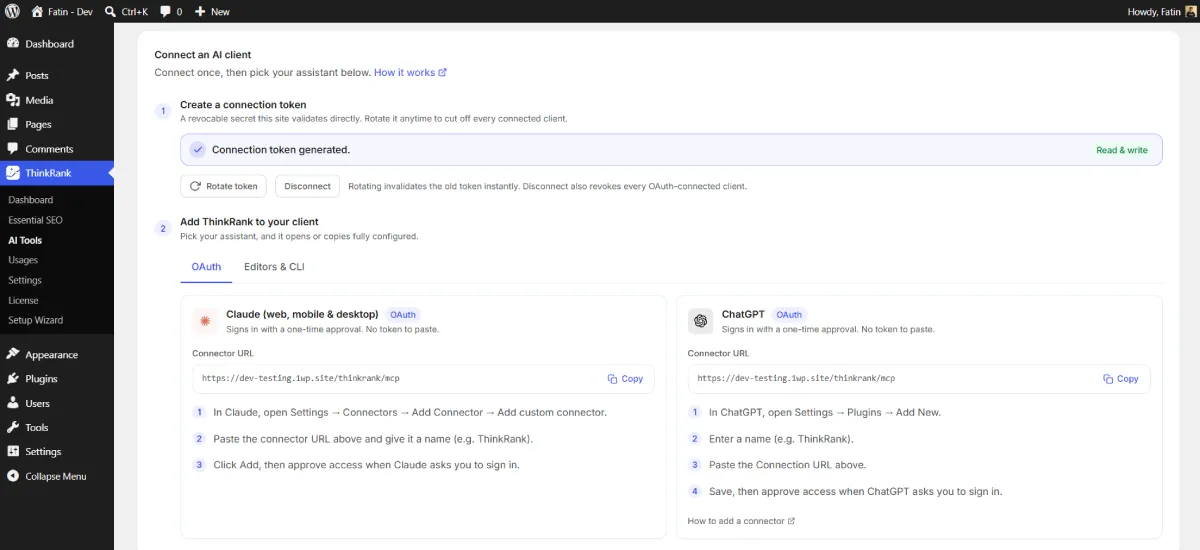 Connecting an AI client with a generated token and OAuth connector URLs