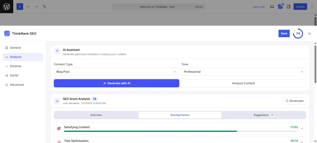 An AI assistant panel scoring content and title optimization