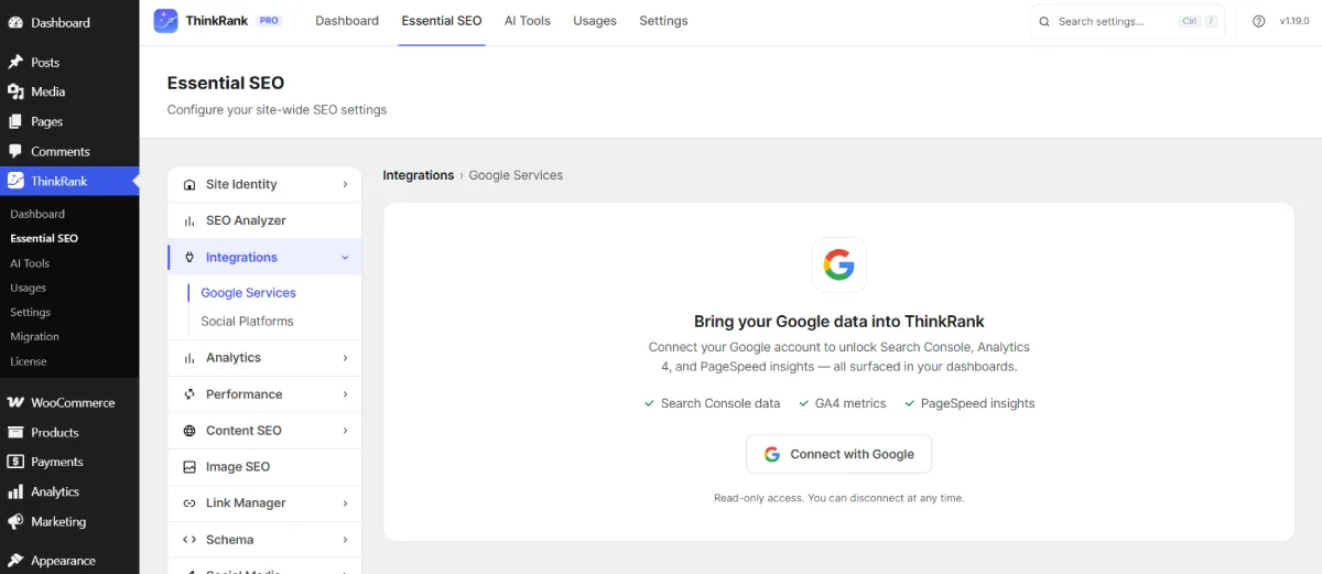 Connecting Search Console, GA4 and PageSpeed Insights with read-only access