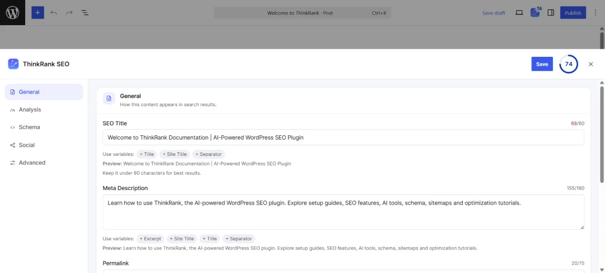SEO title and meta description fields with live character counts and search preview
