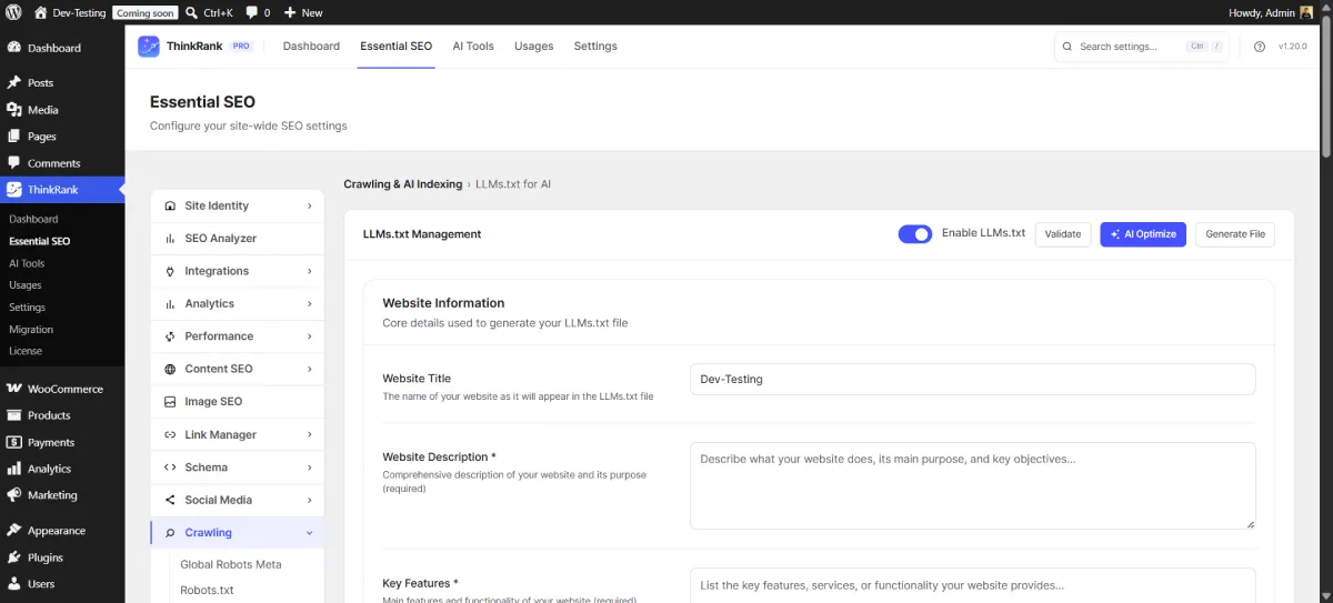 An llms.txt management screen with enable, validate and generate controls