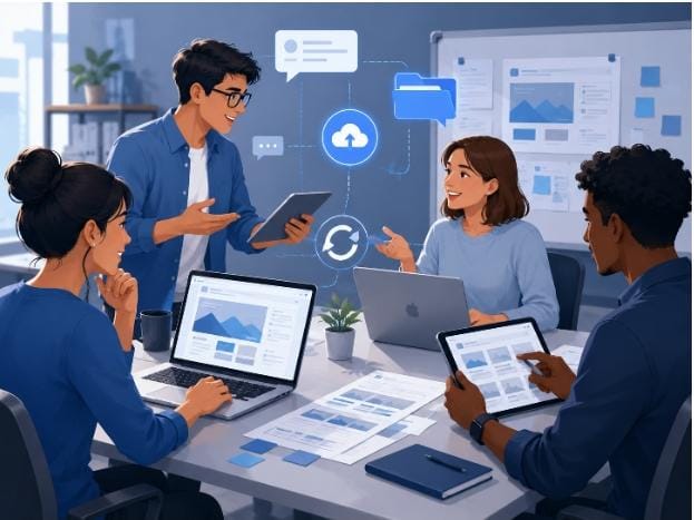 Website team coordinating communication and project files across devices