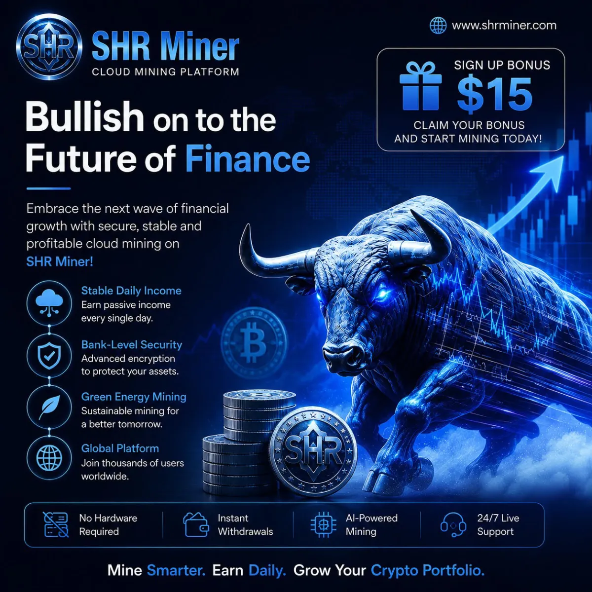 SHR Miner has launched a free cloud mining service for holders of BTC, XRP, and ETH, offering daily earnings of $10,700 or more