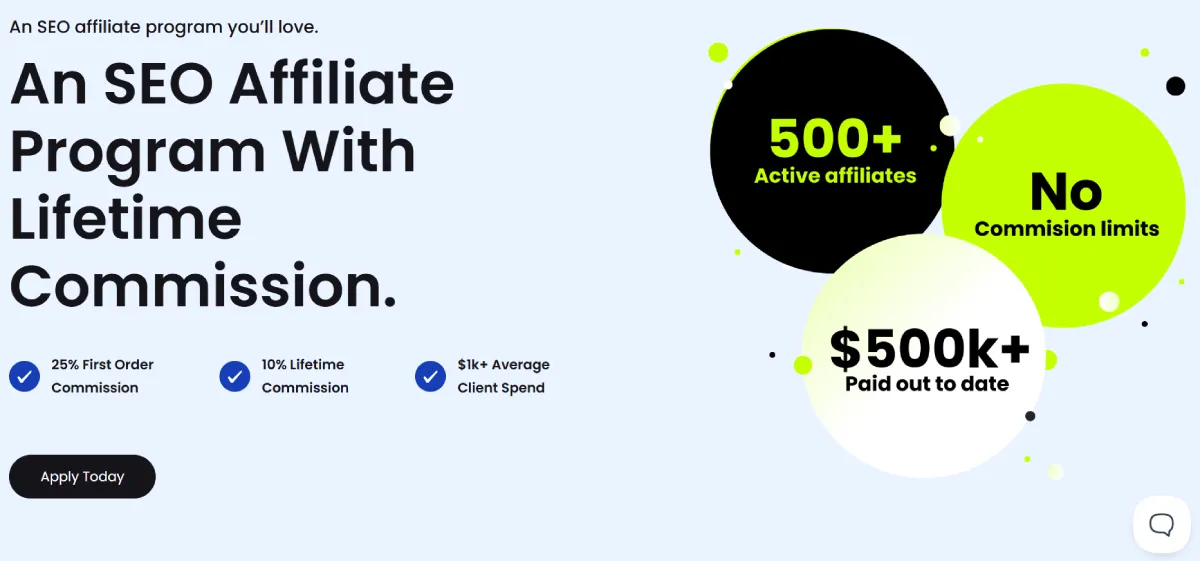 FATJOE SEO affiliate program page offering a 25% first order and 10% lifetime commission