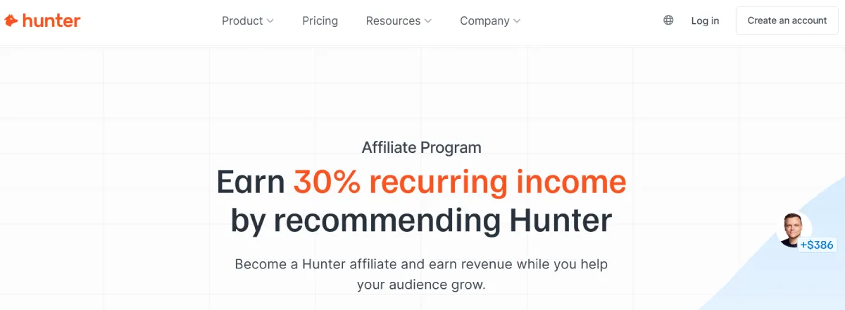 Hunter affiliate program page offering 30% recurring income for recommending Hunter