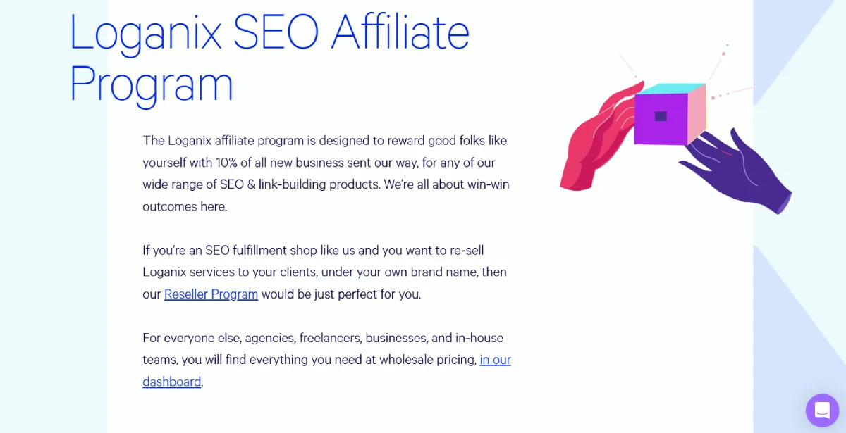 Loganix SEO affiliate program page offering 10% of all new business referred